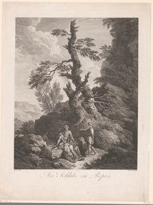 Soldater hviler foran et tre i et steinete landskap Les soldats en repos (tittel på objekt) av Jean Charles Levasseur