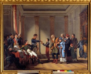Veldedighet til keiser Napoleon I (1769-1821) under den polske kampanjen i januar 1807: Keiseren gir en pensjon på hundre napoleoner til Nerocki, 117 år. Maleri av John Charles Tardieu (1765-1830) 1800-tallets søn. 1,15x1,46 m - Velvillig handling av Emp