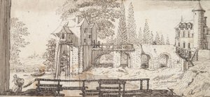 Rustikk scene med mølle og dam av Jean Chaufourier
