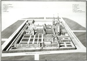 Utsikt over klosteret Saint-Germain-des-Pres før 1640, gravert av Antoine Herisset (1685-1769) av Jean Chaufourier