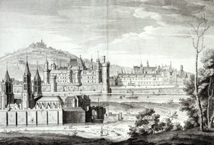 Utsikt over klosteret Saint-Germain-des-Pres, Louvre, Petit Bourbon, Montmartre og Seinen i 1410, gravert av Antoine Herisset (1685-1769) av Jean Chaufourier