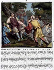 Saint Louis (1215-70) Gjengir rettferdighet under et tre, gravert av Jean Baptiste Morret (fl. 1790-1820) 1789 (farget gravering) av Jean Claude (after) Naigeon