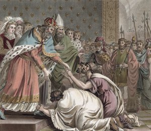 Charlemagne (742-814) tar imot ambassadørene fra østens keiser, gravert av Jean Baptiste Morret (fl. 1790-1820), 1789 av Jean Claude Naigeon