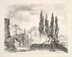 Utsikt over hagene ved Villa dEste i Tivoli, Kypros-trærne til høyre, en trapp som fører..., 1764. av Jean Claude Richard Saint Non