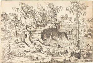 Putti leker i et fantasifullt landskap av Jean Cousin the Younger