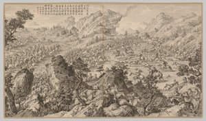 Battle at Aerchuer: fra Battle Scenes of the Quelling of Rebellions..., ca. 1765-1774, dikt datert 17