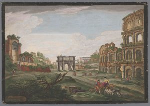 Utsikt over ruinene av Konstantinbuen og Colosseum i Roma Rome ancienne (tittel på objekt) av Jean Daullé