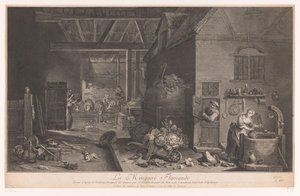 Interiør i et våningshus La Ménagere Flamande (tittel på objekt) av Jean Daullé