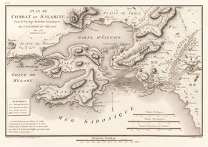 Plan for slaget ved Salamis Pour le Voyage du Jeune Anacharsis (Plan for slaget ved Salamis 480 f.Kr.) av Jean Denis Barbie du Bocage (1760-1825) fra Voyage du Jeune Anacharsis en Grece (Travels of Ana av Jean Denis Barbie du Bocage