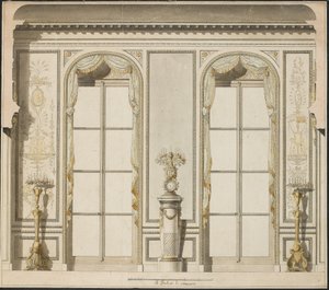 Arkitektonisk prosjekt for Grande Galerie på Hotel de Madame de Mazarin i Paris (penn og blekk og w/c på papir) av Jean Desmosthene Dugourc