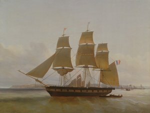Tre mastet båt, i havnen i Le Havre, 1846 av Jean Dominique Drouin
