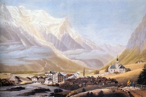 Chamonix-dalen og Mont-Blanc-massivet, ca. 1810 (gravering) av Jean Dubois