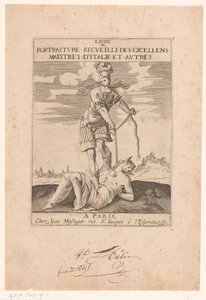 Minerva binder Stupidity med et tau Tittelside for: s.n., Livre de portraiture receuilli des excellens maistres d