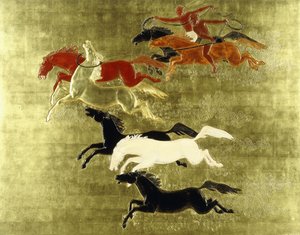 Erobringen av hesten; La Conquete du Cheval, ca. 1934 (et lakkert og forgylt panel)