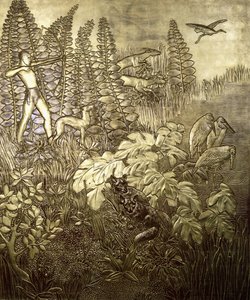 Jakten; La Chasse, ca. 1934 (forgylt og lakkert tre) av Jean Dunand