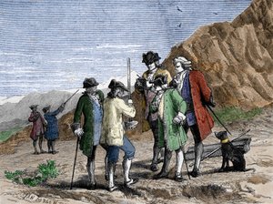 Florin Perier måler høydebarometeret (kvikksølvrør) til Evangelista Torricelli eller Toricelli under eksperimentet på tyngdekraften til luften til Blaise Pascal, på toppen av Puy de Dome (1648). Gravering av Yan Dargent.