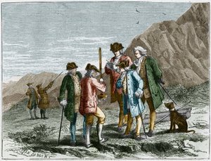 Florin Perier measuring the height of the Barometer (mercury tube) of Evangelista Torricelli or Toricelli during the experiment on the gravity of the air of Blaise Pascal, at the top of the Puy de Dome (1648). Engraving by Yan Dargent.