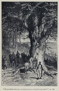 "Han så fiendtlige krigere, i fargede kjoler og glitrende rustning" (gravering) av Jean Edouard Dargent