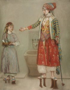 Eine Dame in türkischer Tracht mit ihrer Dienerin im Hammam von Jean Étienne Liotard