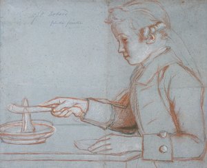 Jean Etienne Liotard, kunstnerens sønn til frokost, ca. 1770 (rødt, svart og hvitt kritt på blått papir) av Jean Étienne Liotard