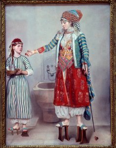 Orientalisme: "" Franco-dame kledd med tyrkeren og hennes slave"" De to kvinnene bærer treplattformer som brukes i hamamen. Pastellmaleri av Jean Etienne Liotard (1702-1789) 1742 Dim. 0,71 x 0,53 m Genève, musee d