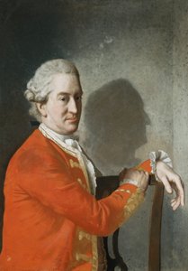 Portrett av James Hamilton, 2. jarl av Clanbrassil, halv lengde, i en rød frakk, sittende i en mahognistol, hans profil støpt i skygger på veggen bak, 1774 av Jean Étienne Liotard