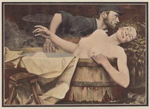 Etter vask, kvinne i badekar (farge litho)