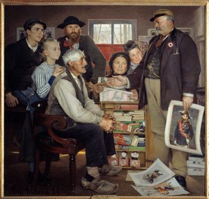 Baker propaganda scene. En baker prøver å overbevise en gammel bonde om å bli med på festen. Maleri av Eugene Buland (1852-1927)