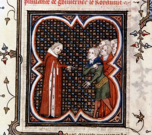 Etienne Marcel, en prevot av kjøpmennene i Paris, bedt av kong Johannes II den gode (1319-1364) av Frankrike om å respektere "Grande Ordonance" fra 1357 og bebreidet for hans oppførsel, i "The Great Chronicles of France" av Jean Fouquet (1420-1481), ca. 14 av Jean Fouquet