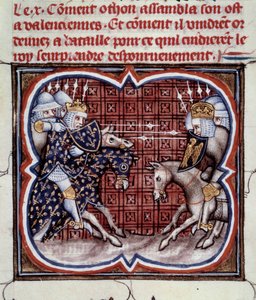 Fransk-engelsk krig (1202-1214): slaget ved Bouvines 27.07.1214 mellom den franske hæren til Philippe Auguste og flamske og velver fra Othon IV. Den franske seieren var avgjørende for krigens utfall. Miniatyr fra "Great Chronicles of France" b av Jean Fouquet