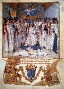 Holdt av et kapittel av Saint Michel-ordenen rundt Ludvig XI (1423-1483) Miniatyr fra "Statutter of the Order of Saint-Michel" av Jean Fouquet (1420-1481) 1470 Paris, B.N. av Jean Fouquet