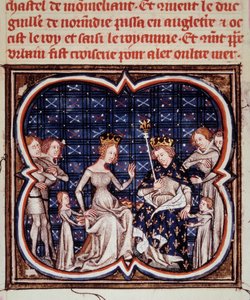 Konge av Frankrike Filip I (1052-1108) med sin kone Berthe av Hollande og deres barn Constance av Frankrike (1078-1125) og Louis VI (1081-1137) Miniatyr fra "" Les grandes chronicles de France"" (ms. fr) 2813 fol. 182) 1375-1380 Paris, B.N. av Jean Fouquet
