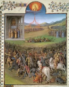 Fr 247 f.70 Hebreernes kamp mot kanaanittene og tuktelsen av Korah og opprørerne, illustrasjon fra 'Antiquites Judaiques', ca. 1470 av Jean Fouquet