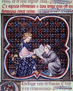 Primat presenterer teksten til de store kronikkene i Frankrike for Filip III (1245-1285). Miniatyr fra manuskriptet av Jean Fouquet (1420 - 1481) "" Grandes Chronicles de France"". Paris. B N av Jean Fouquet