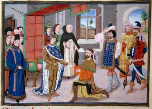 Syvende korstog: Konge av Frankrike Saint Louis (eller Louis IX) (1214-1270) i Nikosia på Kypros rundt 1245. Miniatyr fra «De store krøniker» av Jean Fouquet (1420-1481). Paris, Arsenals bibliotek av Jean Fouquet