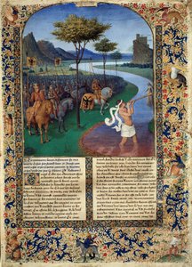 The Passage of Rubicon av Jules Cesar Den romerske generalen Jules Cesar krysset Rubicon den 11/01/49 f.Kr. som utgjør skillet mellom Cisalpine Gallia og Italia. Miniatyr fra "" Ancient History til Cesar and Facts of the Romans"" av Jean Fouquet ( av Jean Fouquet