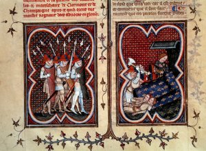 Marechauxen Robert de Clermont og Jean de Conflans ble myrdet av Etienne Marcel (1315-1358) og hans menn i rommet til delfinen Charles (fremtidige Charles V) ved Palais de la cite 22. februar av Jean Fouquet