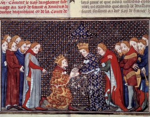Hyllesten av kong Edvard III av England (1312-1377) til Filip VI av Valois (1294-1350), konge av Frankrike, i 1330. Miniatyr fra «Les grandes chronicles de france» av Jean Fouquet (1420-1481) av Jean Fouquet