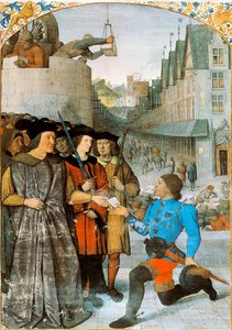 Viscount of Rochechouart mottar en kongelig budbringer. Miniatyr av Jean Fouquet (1420-1481) fra "The Great Chronicles of France". 1455-1460 av Jean Fouquet