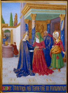 Besøk. Møte mellom Jomfru Maria og Saint Elizabeth. Miniatyr i "" Les Hours d