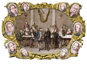 Paris - Kafeen "" Procope"" på 1700-tallet fra høyre til venstre, i medaljongene, Georges Louis Leclerc, Comte de Buffon, Nicolas Joseph Florent Gilbert, Denis Diderot, Jean le Rond d