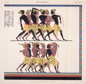 Tolkning av freskene på Ibsambul som viser nubiske slaver, fra "Monuments de l"Egypte et de la Nubie" av kunstneren, ca. 1835