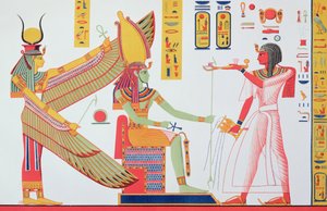 Ramesses IV (1153-1147 f.Kr.) ofrer røkelse til Isis og Amon-Re, sittende på en trone, kopi av et veggmaleri fra graven hans i Kongenes dal, plate 260 fra Monuments dEgypte av Jean-Francois
