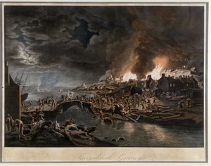 Granville i flammer beleiret av Vendéans, basert på maleri av J. François Hue, ca. 1800. av Jean Francois Hue