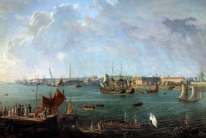 Utsikt over havnen i Lorient på 1700-tallet Detalj av et maleri av Jean Francois Hue (1751-1823) Paris, Musee de la Marine