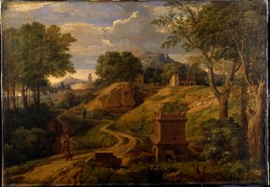 Klassisk landskap med en kvinne som bærer et barn, ca. 1650-75 (olje på lerret)