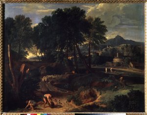 ""Landskap med en saueflokk på veien"" (Landskap med en saueflokk på veien) Maleri av Jean Francois Millet The Elder (1642-1679) Pushkin-museet fra 1600-tallet, Moskva