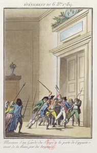 Mob av parisere som angriper og dreper vakten ved inngangen til dronningens leiligheter i Versailles 6. oktober 1789 av Jean Francois Janinet
