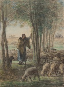 En gjeterinne og hennes flokk i skyggen av trær, 1854-55 (conté fargestift og pastell på lagt papir) av Jean Francois Millet