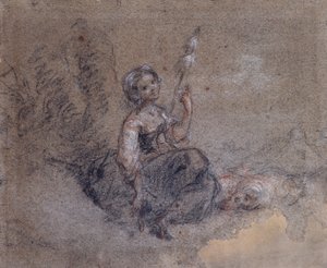 En ung gjeterinne som spinner (rødt og hvitt kritt og kull på papir) av Jean Francois Millet
